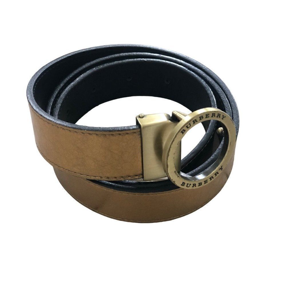 BURBERRY Metalllic Bronze Leather Belt Round Buckle 40"